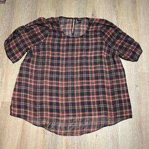 Torrid Women's Plaid Top Size 3X Black Coral Sheer Blouse Puff Ruched Sleeve EUC